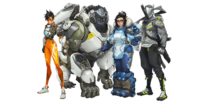 Cette image représente des personnages de Overwatch 2. Elle comprends Tracer, Genji et Mei qui sont des personnages Dégâts et Winston qui est un personnage Tank. Dans une composition on retrouve généralement 2 personnages soutien.